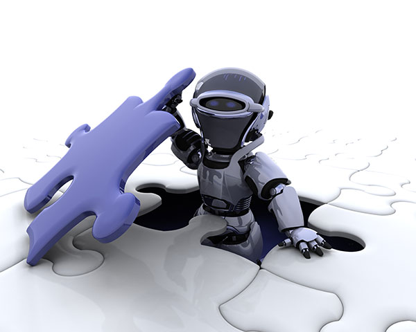 AIがジグソーパズルの最後のピースをはめ込もうとしている3Dイラスト